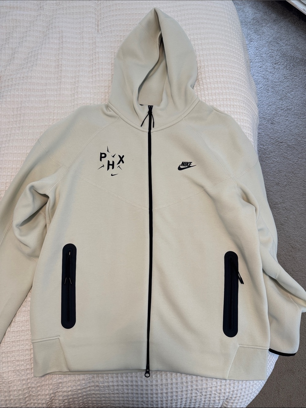 Nike Light Beige Full-Zip Hooded Jacket with Black Accents